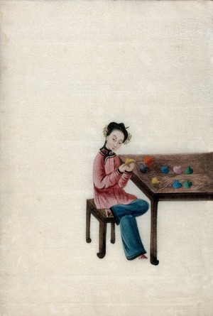 view A woman preparing coloured silk thread (?). Watercolour by a Chinese artist, ca. 1800.