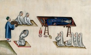 view Chinese funeral customs: the body of an elderly man lies on a bier, attended by men and women mourners dressed in white, and by a monk clashing cymbals. Watercolour by a Chinese artist, ca. 1800.