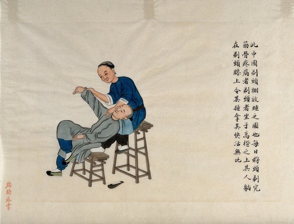 Chinese medicine: a practitioner massages a patient's shoulder. Watercolour by Zhou Pei Qun, ca. 1890.