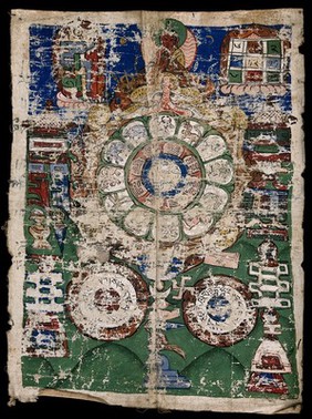 Tibetan cosmological amulet for protection against diseases. Gouache painting, Tibet.