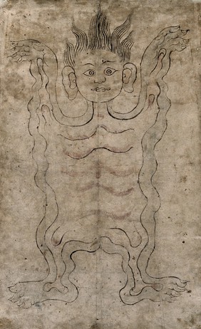 The skin of an écorché. Ink drawing, Tibet.