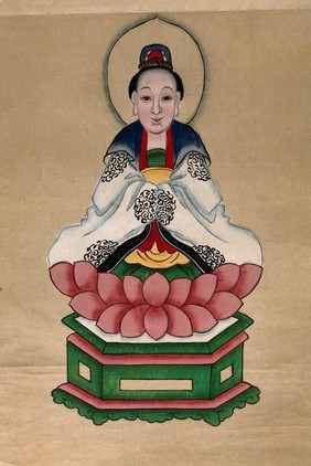 A Chinese deity seated on a lotus throne. Gouache painting by a Chinese artist, ca. 1850.