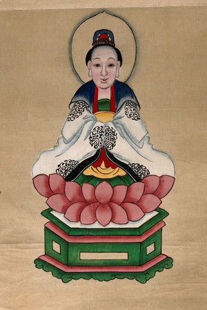 view A Chinese deity seated on a lotus throne. Gouache painting by a Chinese artist, ca. 1850.