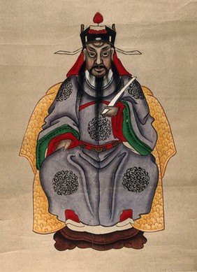 A Chinese deity with dark complexion and beard, seated on a throne. Gouache painting by a Chinese artist, ca. 1850.