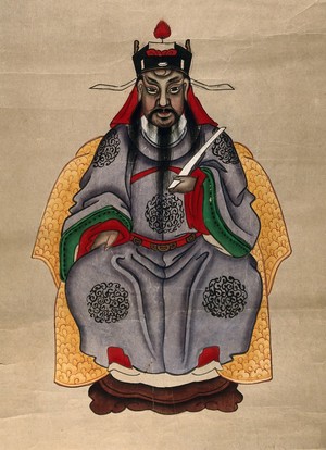 view A Chinese deity with dark complexion and beard, seated on a throne. Gouache painting by a Chinese artist, ca. 1850.