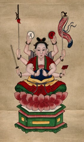 The deity Guanyin (Kuan Yin) seated on a lotus throne with eight arms, carrying a sword, axe, lantern, a swastika and two Chinese characters. Gouache painting by a Chinese artist, ca. 1850.