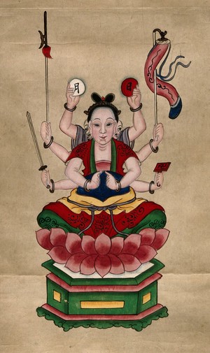 view The deity Guanyin (Kuan Yin) seated on a lotus throne with eight arms, carrying a sword, axe, lantern, a swastika and two Chinese characters. Gouache painting by a Chinese artist, ca. 1850.