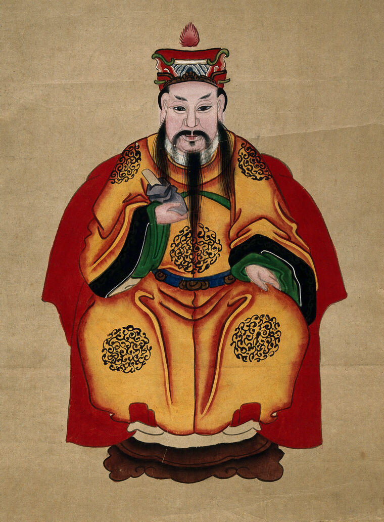 A Chinese deity, seated on a red throne. Gouache painting by a