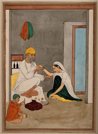 A physician taking the pulse of a woman. Watercolour painting.