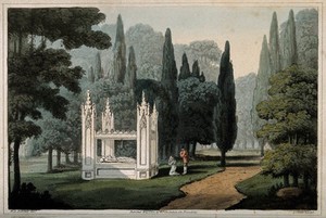 view Abelard and Heloise: monument at the monastery of La Trappe, France. Coloured aquatint by J. Clark, 1818, after W.D. Fellowes.