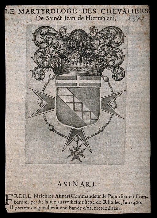 Coat of arms of the crusader Melchior Asinari. Engraving.