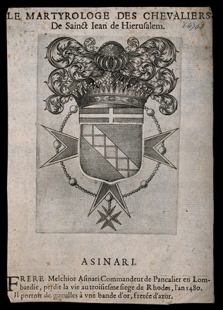 Coat of arms of the crusader Melchior Asinari. Engraving.