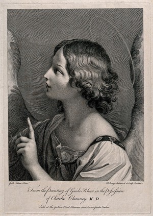 view The angel Gabriel at the Annunciation to the Virgin. Engraving by R. Strange after Guido Reni.