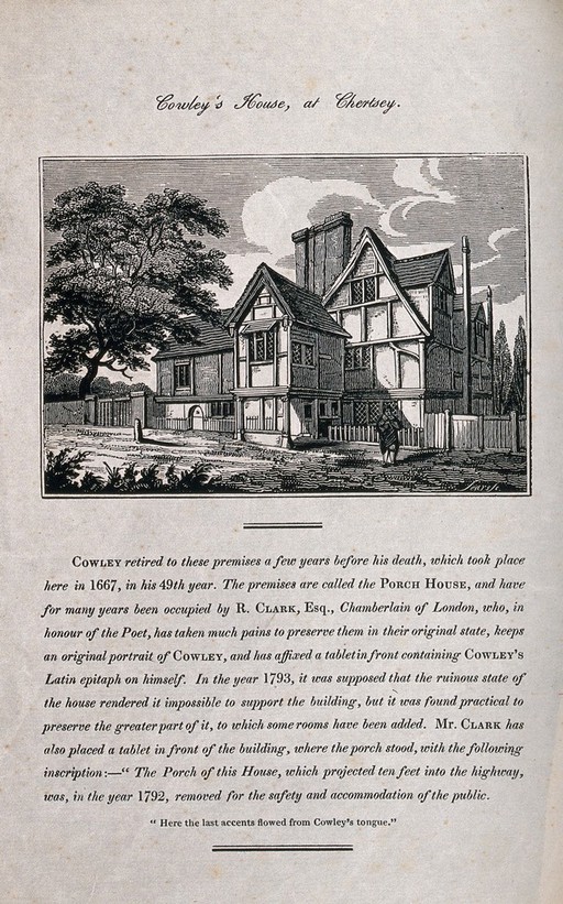 Abraham Cowley's house in Chertsey. Wood engraving by M. U. Sears.