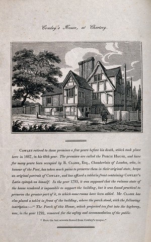 view Abraham Cowley's house in Chertsey. Wood engraving by M. U. Sears.