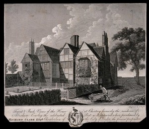 view The house of Abraham Cowley in Chertsey. Line engraving by J. Basire.