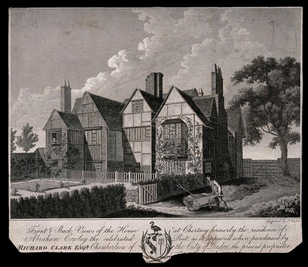 The house of Abraham Cowley in Chertsey. Line engraving by J. Basire.