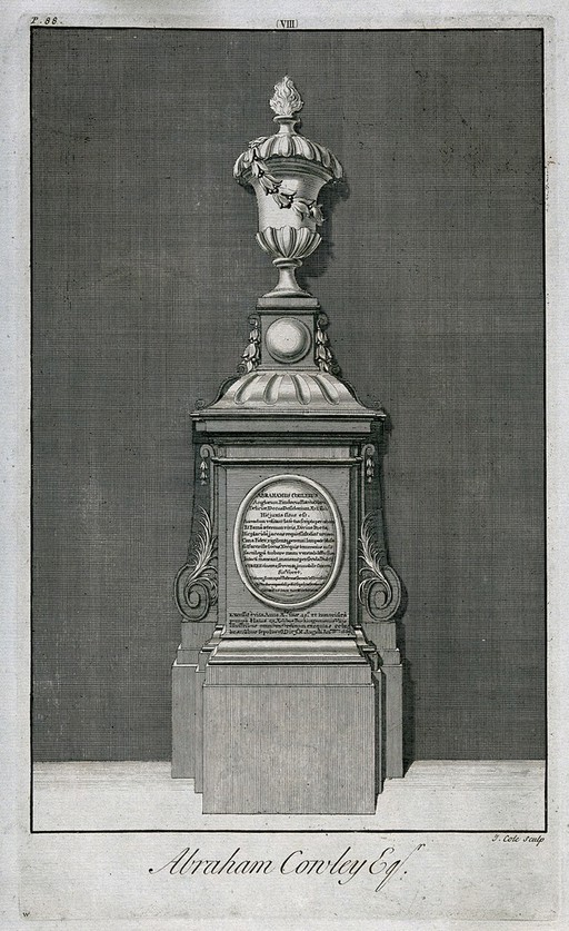Bust of Abraham Cowley in Poets' Corner, Westminster Abbey, London. Etching with engraving by J. Cole.