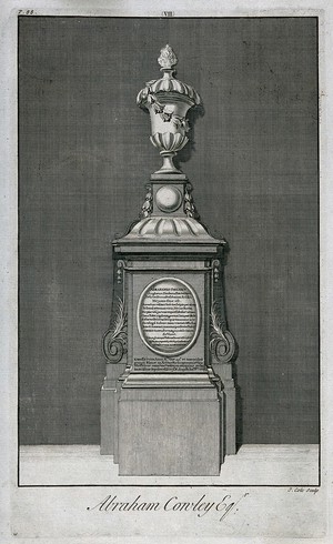 view Bust of Abraham Cowley in Poets' Corner, Westminster Abbey, London. Etching with engraving by J. Cole.