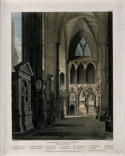 Entrance to Poets' Corner Westminster Abbey showing the busts of John Dryden, Ben Johnson, Abraham Cowley and others. Coloured aquatint and etching by J. Bluck after A. Pugin, 1811.