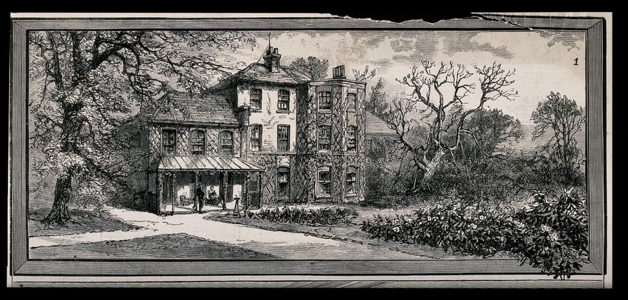 The house of Charles Darwin (Down House) in Kent: the exterior (above) and Darwin's study (below). Wood engraving by J. R. Brown.