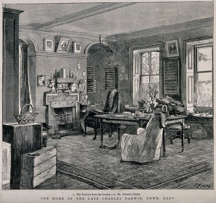 The house of Charles Darwin (Down House) in Kent: the exterior (above) and Darwin's study (below). Wood engraving by J. R. Brown.