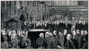 view The funeral ceremony of Charles Darwin at Westminster Abbey, 26 April 1882. Wood engraving.