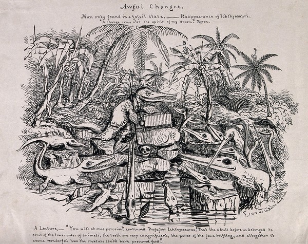 Ichthyosaurs attending a lecture on fossilised human remains. Lithograph by Sir Henry de la Bèche, 1830, after his drawing.