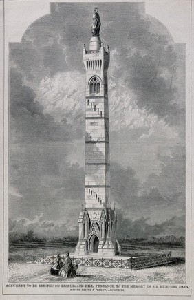 Design for a monument to be erected on Leskudjack Hill, Penzance, to the memory of Sir Humphry Davy. Wood engraving by J. Walmsley.