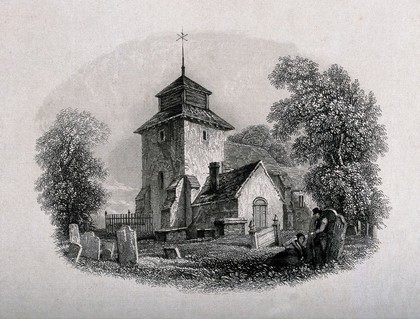 Church yard in Wotton, Surrey, with John Evelyn's monument. Engraving.