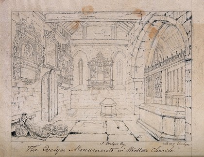 John Evelyn's monument in a church in Wotton, Surrey. Pencil drawing.