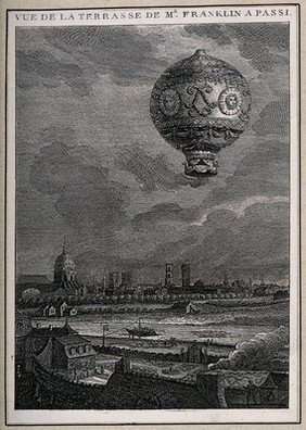 Vista from Benjamin Franklin's residence in Passy (Haute Savoie), showing a hot air ballon in full flight. Engraving with etching.