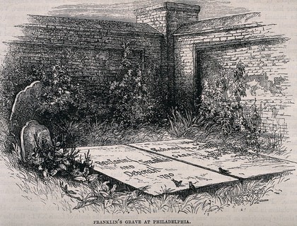 The grave of Benjamin Franklin and Deborah Franklin in Philadelphia. Wood engraving.