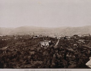 view Galileo Galilei: panorama of the city of Florence seen from Count Galletti's museum of Galileo in Torre del Gallo. Process print.