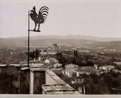 Galileo Galilei: panorama of the city of Florence seen from the Torre del Gallo (Count Galletti's museum of Galileo) outside Florence. Process print.