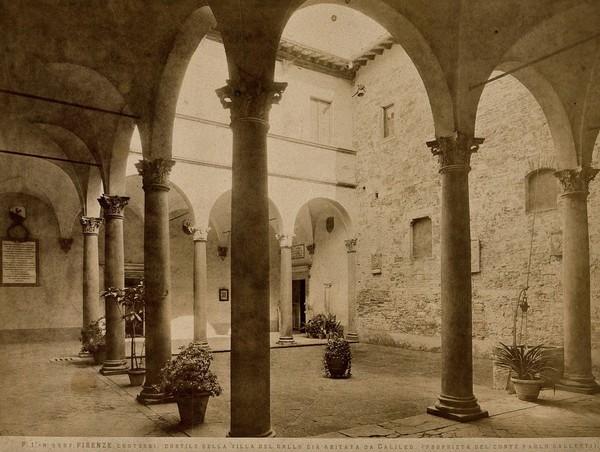 Galileo Galilei: courtyard of Villa del Gallo, Count Galletti's museum of Galileo. Process print.