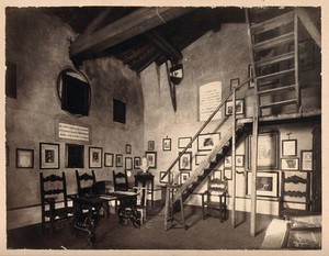 view Galileo Galilei: interior of Villa del Gallo, Count Galletti's museum of Galileo, showing crests on the wall of a vaulted room. Process print.