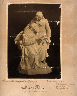 Galileo Galilei: sculptured group of Galileo Galilei and John Milton by Cesare Aureli. Process print.