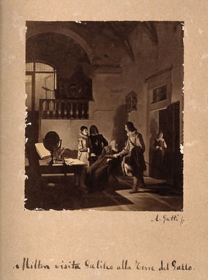 view Galileo Galilei receiving a visit from John Milton at the Torre del Gallo. Photograph after a painting by A. Gatti.