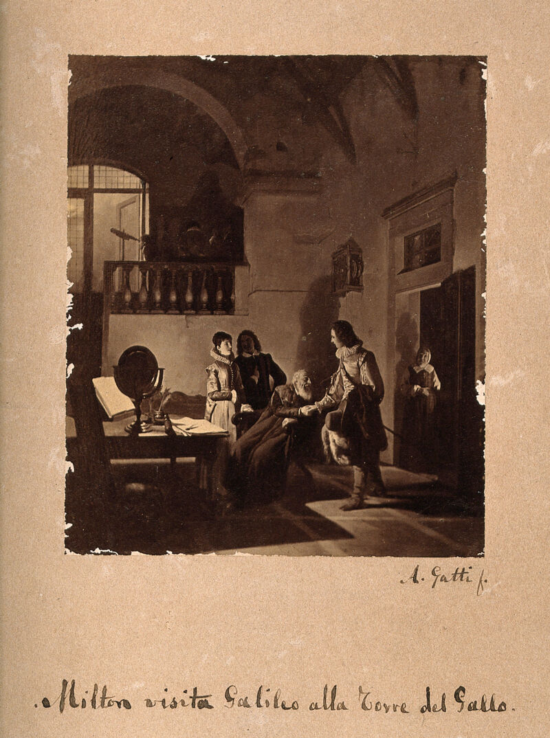 Galileo Galilei receiving a visit from John Milton at the Torre del Gallo. Photograph after a painting by A. Gatti., [between 1800 and 1899], by Annibale Gatti