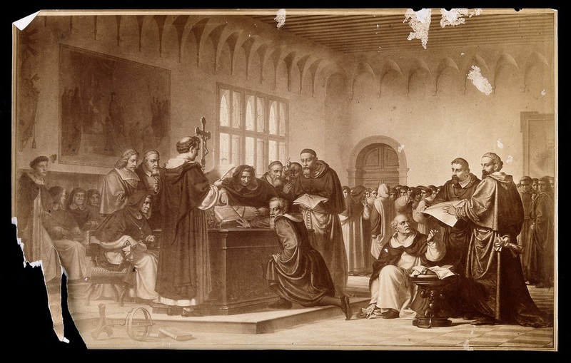 Galileo Galilei: Galileo Galilei at his trial at the Inquisition in ...