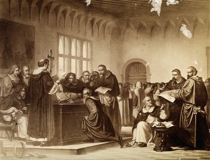 Galileo Galilei at his trial by the Inquisition in Rome in 1633. Photograph of a painting.