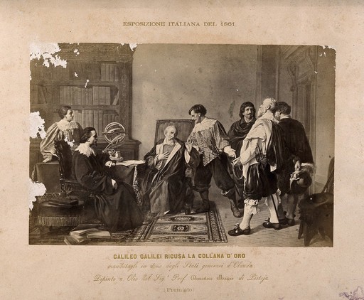 Galileo Galilei: Galileo Galilei receiving a gold medal. Process print after a painting.