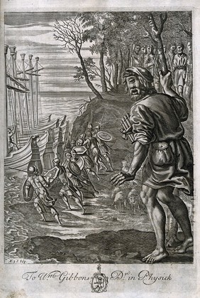 Polyphemus attacking the companions of Odysseus and their ships, or the companions and ships of Aeneas. Etching with engraving.