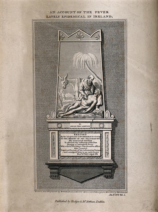 George Gillichan: monument showing the good Samaritan, erected in honour of Dr. Gillichan. Engraving with etching by Brocas after T. Kirk.
