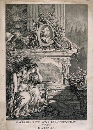 Albrecht von Haller: his monument is visited by a grieving mythological figure. Engraving with etching by B.A. Dunker and M.G. Eichler.