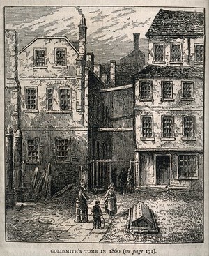 view Oliver Goldsmith : his tomb in 1860. Wood engraving.