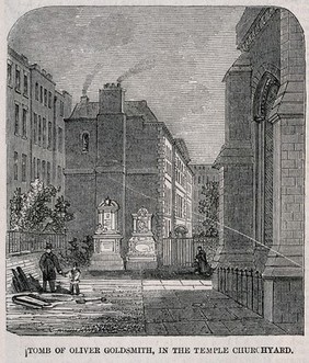 Oliver Goldsmith : his tomb in the inner churchyard of the Temple in London. Wood engraving.