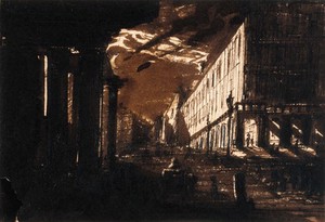 view London: Pall Mall East and the "Hampton Site". Pen and ink drawing by F.S Haden.