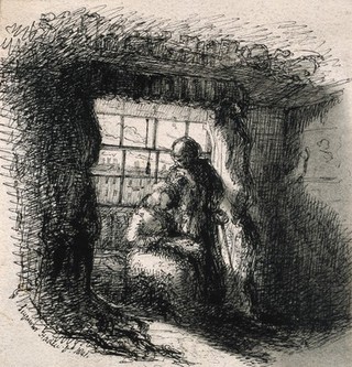 Francis Seymour Haden: his garret in Grafton Street. Pen and ink drawing by F.S. Haden.